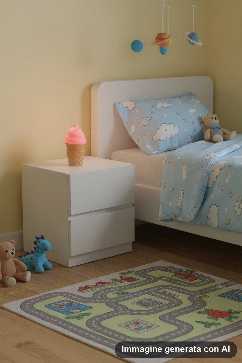 Lampada punto luce a forma di gelato con glassa rosa e cono, su comodino bianco in cameretta azzurra con letto e peluche