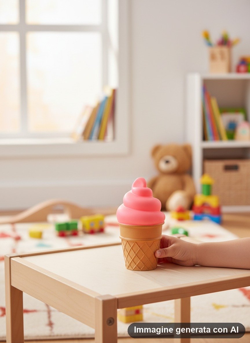 Lampada punto luce a forma di gelato con glassa rosa e cono, su comodino bianco in cameretta azzurra con letto e peluche