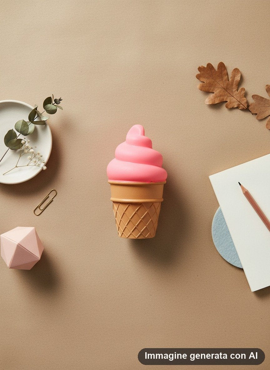 Lampada punto luce a forma di gelato con glassa rosa e cono, su comodino bianco in cameretta azzurra con letto e peluche