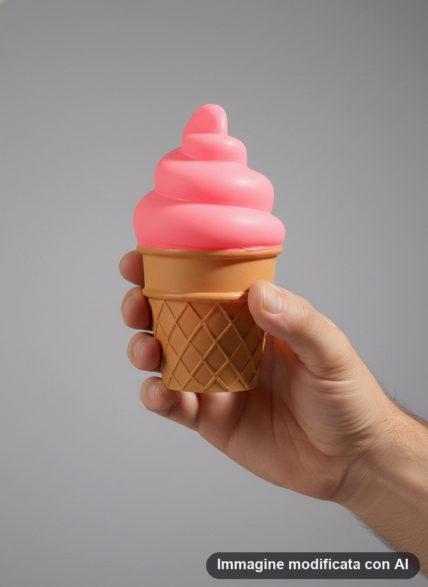 Lampada punto luce a forma di gelato con glassa rosa e cono, su comodino bianco in cameretta azzurra con letto e peluche