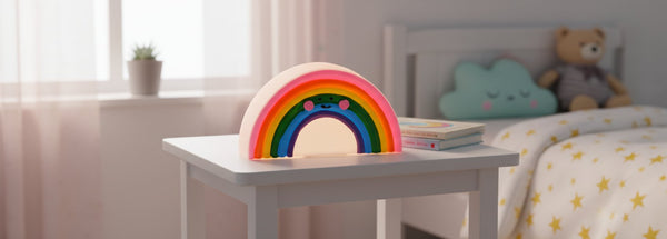 Lampada punto luce rainbow arcobaleno multicolore nella cameretta dei bambini su tavolino bianco