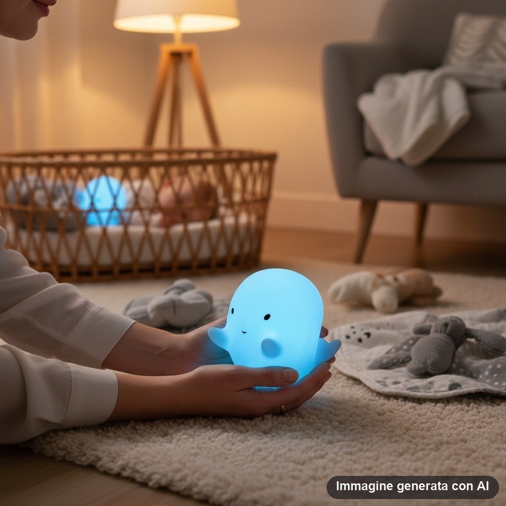 Lampada notturna a forma di fantasmino blu kawaii con luce LED, tenuta in mano su tappeto in camera da letto