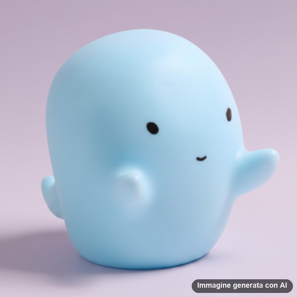 Lampada notturna a forma di fantasmino blu kawaii con luce LED, tenuta in mano su tappeto in camera da letto
