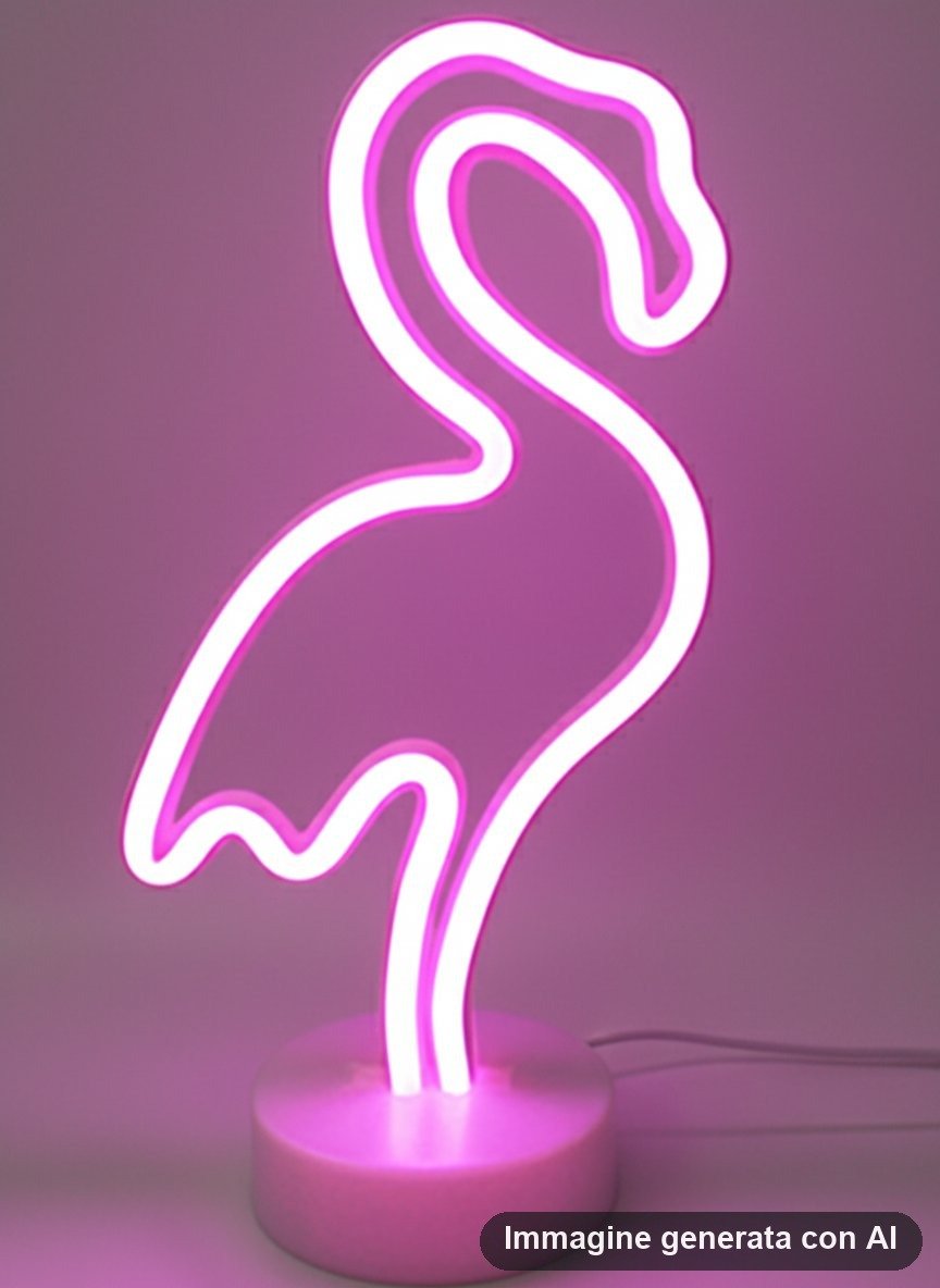 Lampada al neon a forma di fenicottero con luce rosa e base tonda