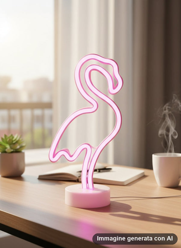Lampada al neon a forma di fenicottero con luce rosa e base tonda