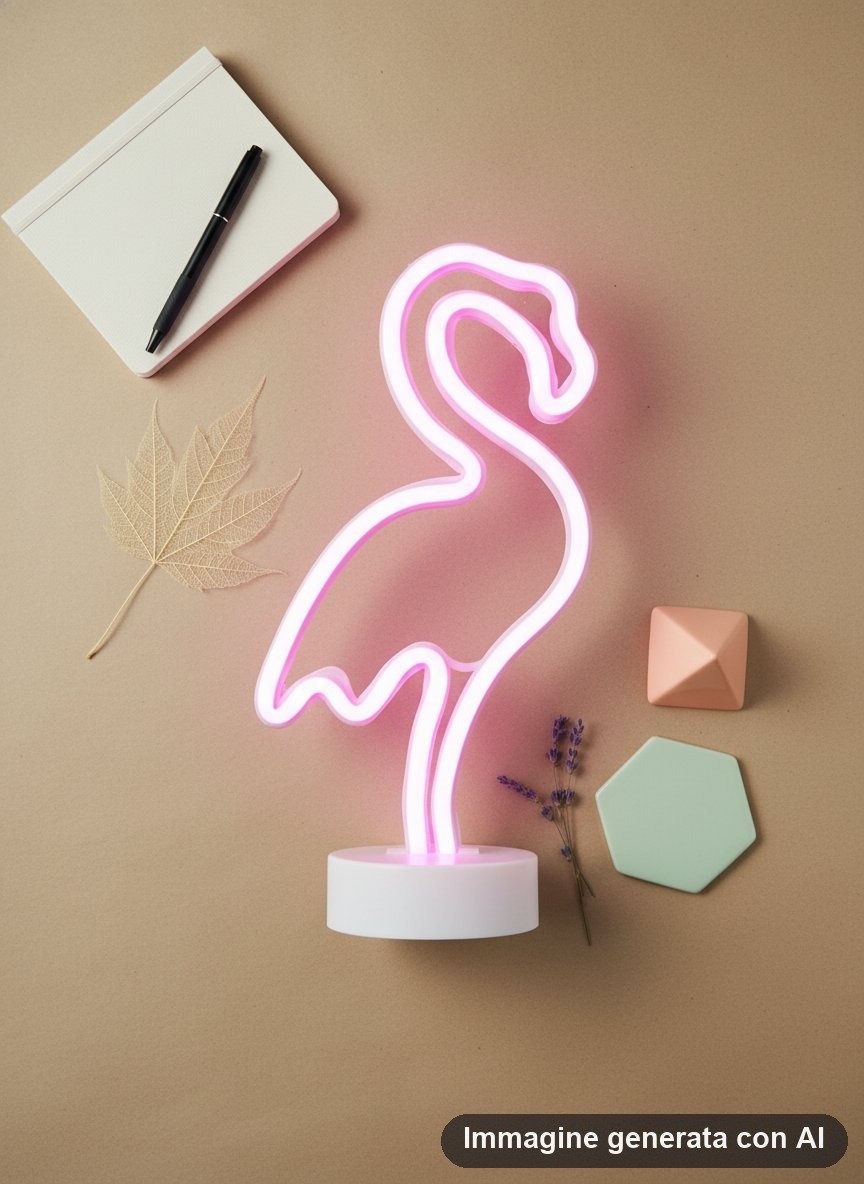 Lampada al neon a forma di fenicottero con luce rosa e base tonda