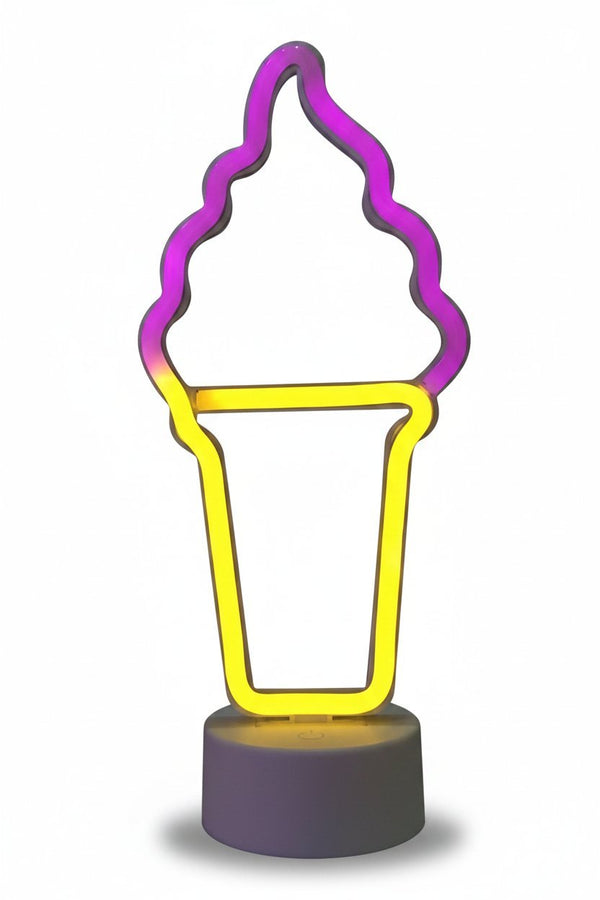Lampada neon a forma di gelato, viola e giallo fluo, con cono e base grigia