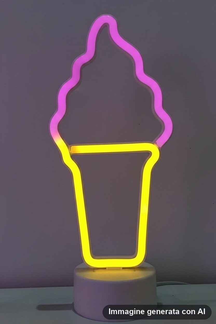 Lampada al neon a forma di cono gelato con luce viola e gialla e base tonda