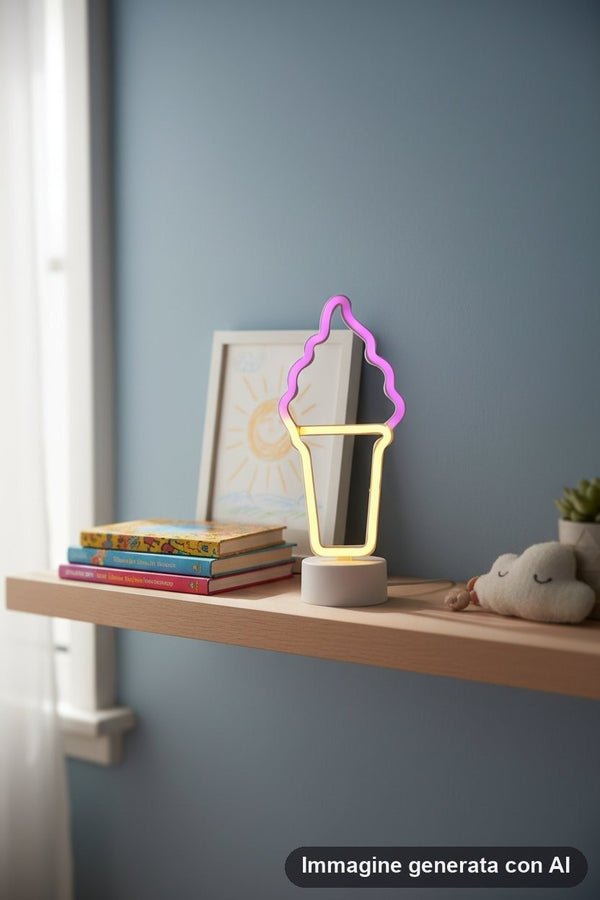 Lampada al neon a forma di cono gelato con luce viola e gialla e base tonda