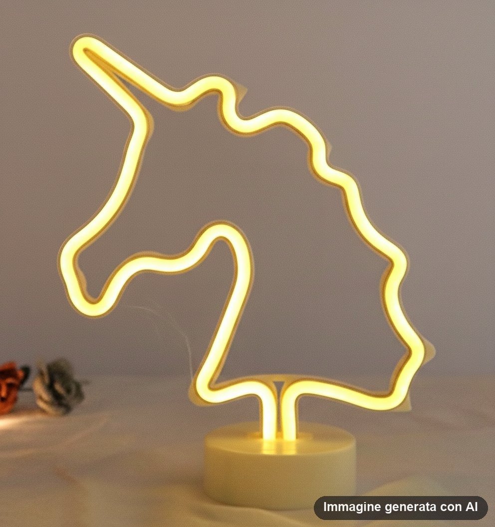 Lampada al neon a forma di testa di unicorno con luce gialla e base tonda