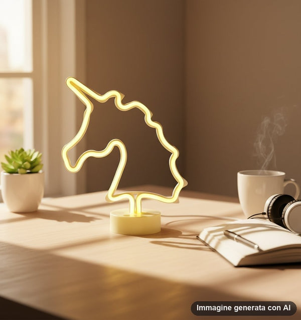Lampada al neon a forma di testa di unicorno con luce gialla e base tonda