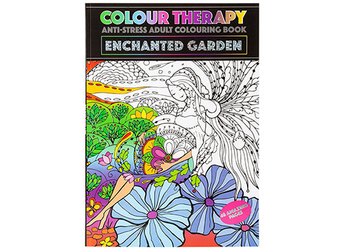 Copertina di un album da colorare antistress con giardino incantato, figura fatata, fiori grandi e alberi colorati.