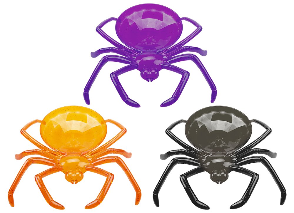 Tre vassoietti per caramelle a forma di ragno con corpo sfaccettato, nei colori viola, arancione e nero.