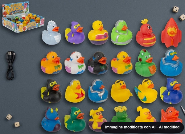 Set di paperelle in gomma colorate con tanti travestimenti diversi, viste di fronte su sfondo bianco