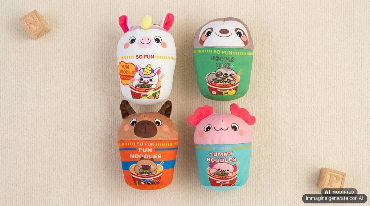 Quattro peluche kawaii di animali con costumi da noodle colorati: mucca marrone, coniglio rosa, bradipo verde e creatura gial