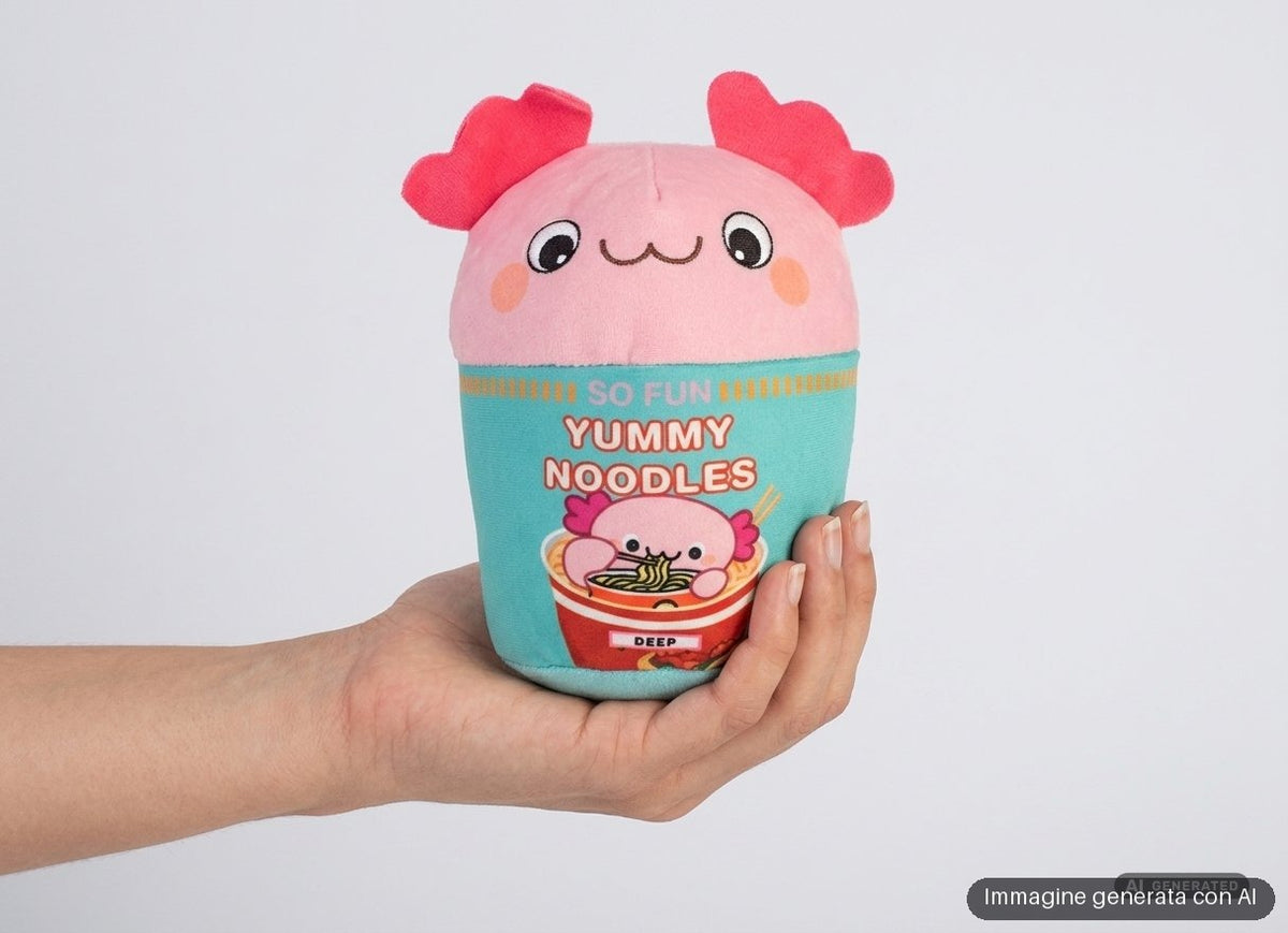 Quattro peluche a forma di zuppa di noodle con musetti di unicorno, bradipo, cagnolino e assolotto