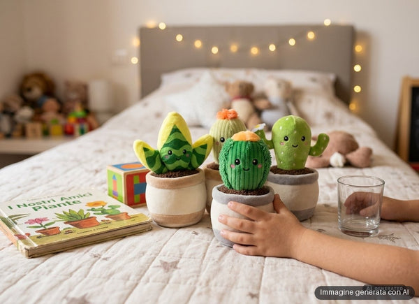 Quattro peluche a forma di piantina grassa nel vaso, con faccine sorridenti, nei toni del verde.