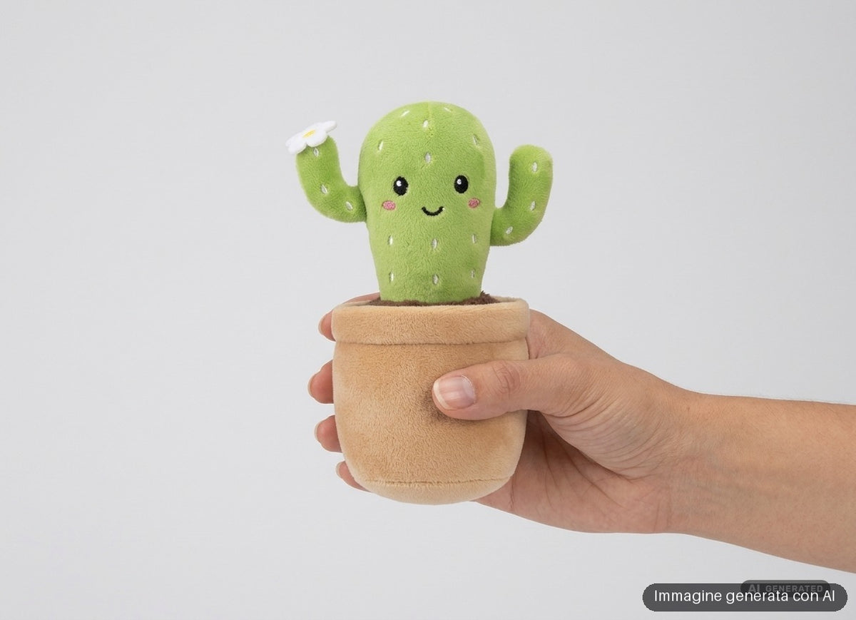 Quattro peluche a forma di piantina grassa nel vaso, con faccine sorridenti, nei toni del verde.
