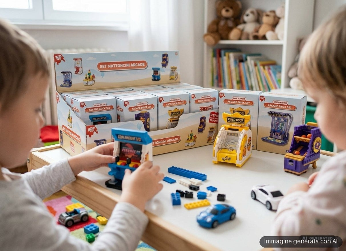 Sei scatole di mattoncini da costruire a tema sala giochi, con cabinati in miniatura.