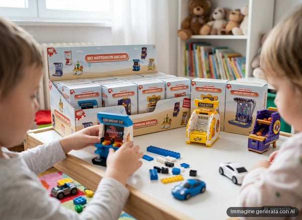 Sei scatole di mattoncini da costruire a tema sala giochi, con cabinati in miniatura.
