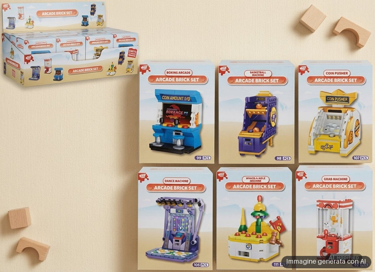 Sei scatole di mattoncini da costruire a tema sala giochi, con cabinati in miniatura.