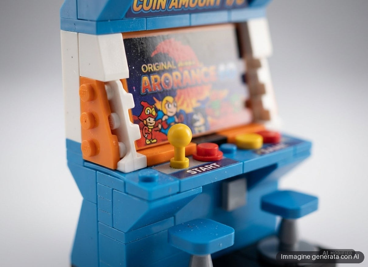 Sei scatole di mattoncini da costruire a tema sala giochi, con cabinati in miniatura.