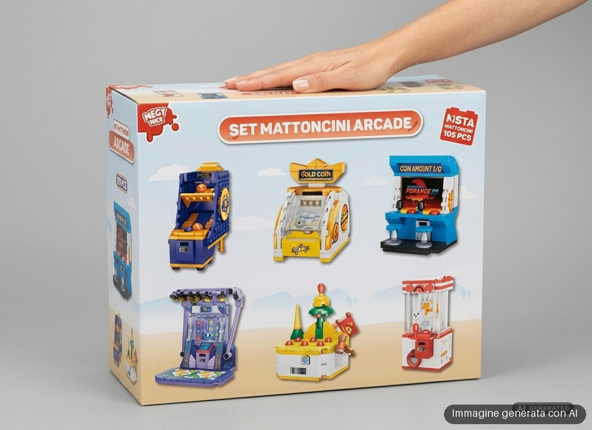 Sei scatole di mattoncini da costruire a tema sala giochi, con cabinati in miniatura.