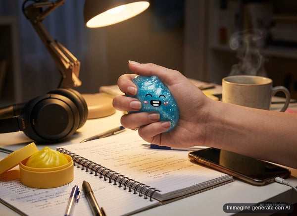 Sei palline antistress con brillantini a forma di panino con faccina sorridente, in sei colori.