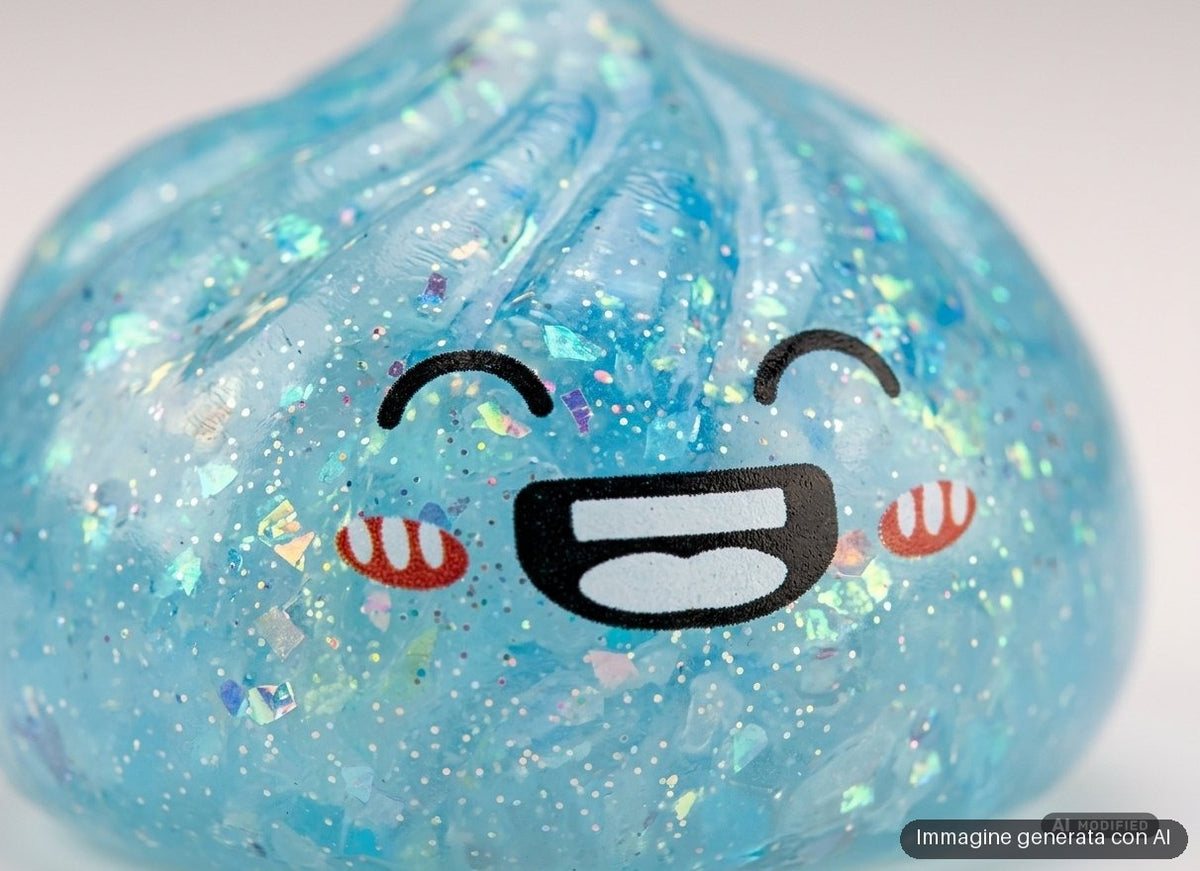 Sei palline antistress con brillantini a forma di panino con faccina sorridente, in sei colori.