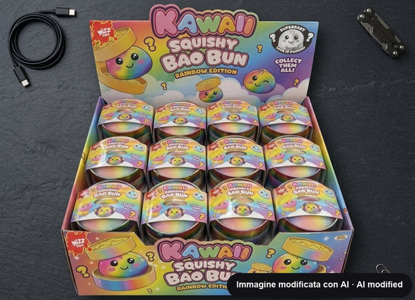 Espositore da banco di palline antistress a forma di panino kawaii chiuse in barattolo colorato.