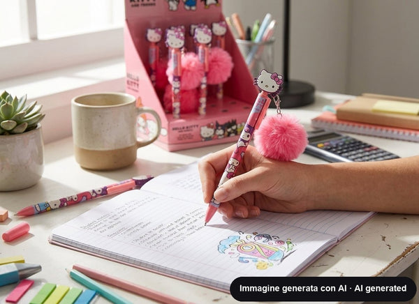 Penna con ciondolo a forma di gattino e pompon rosa, fusto decorato con personaggi kawaii.