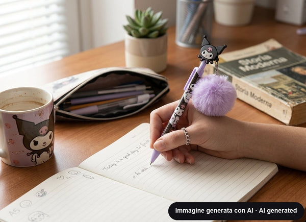 Penna con ciondolo di un personaggio kawaii e pompon lilla, fusto decorato in viola.