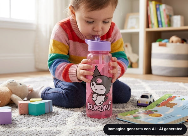 Borraccia rosa da 600 ml con tappo lilla, cannuccia e stampa di un personaggio kawaii.