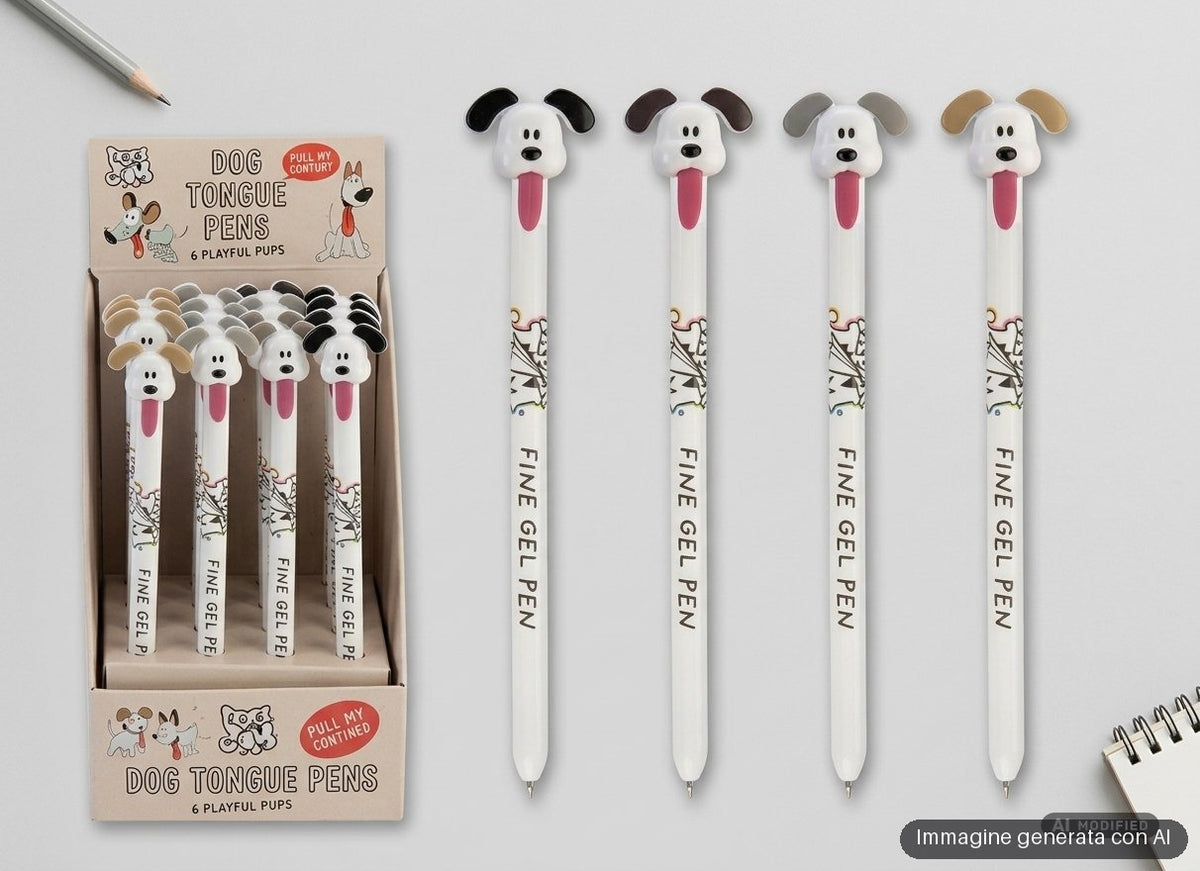 Quattro penne gel con testa di cane e lingua rossa, orecchie nere, marroni, grigie e beige.