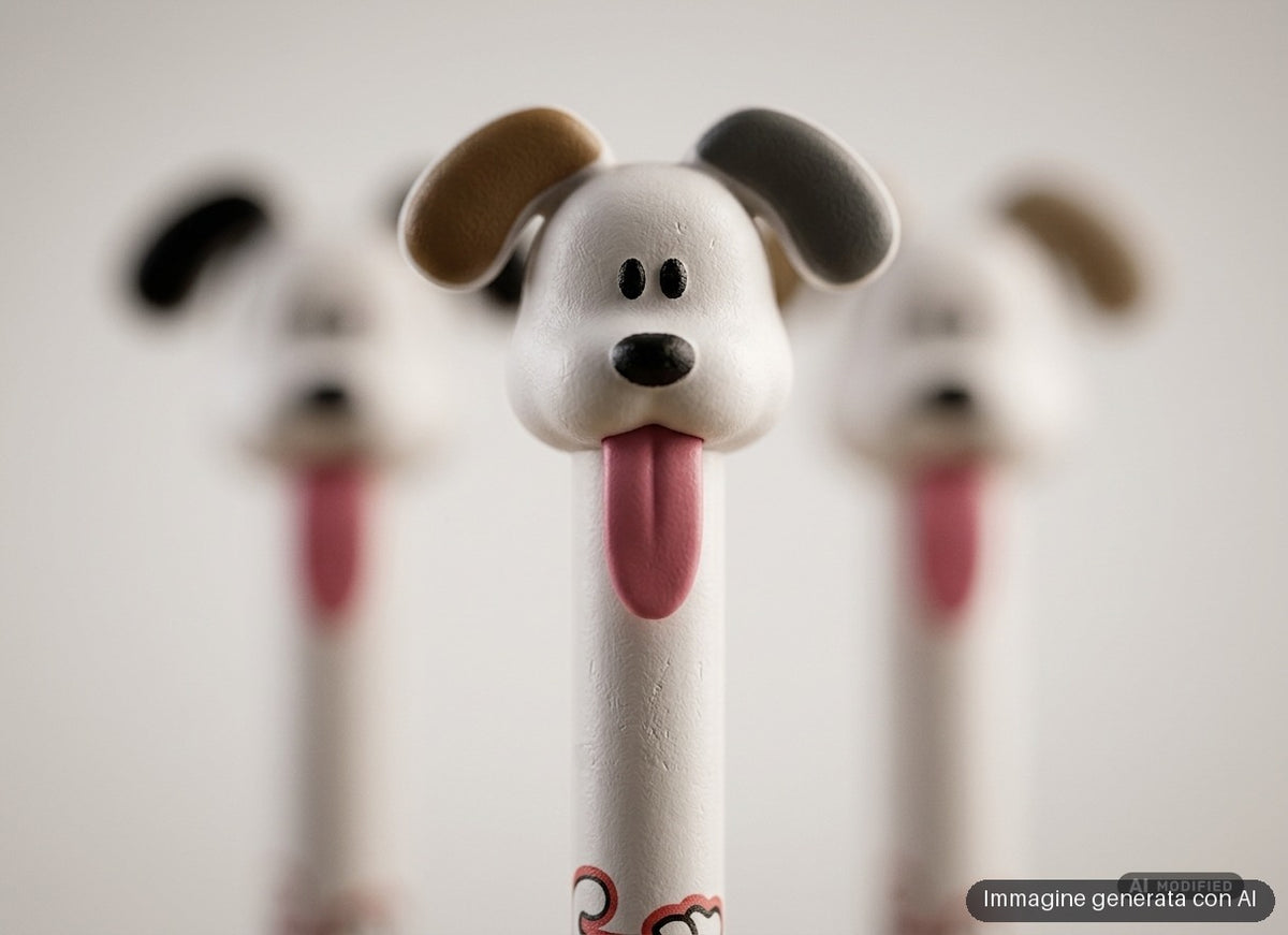 Quattro penne gel con testa di cane e lingua rossa, orecchie nere, marroni, grigie e beige.
