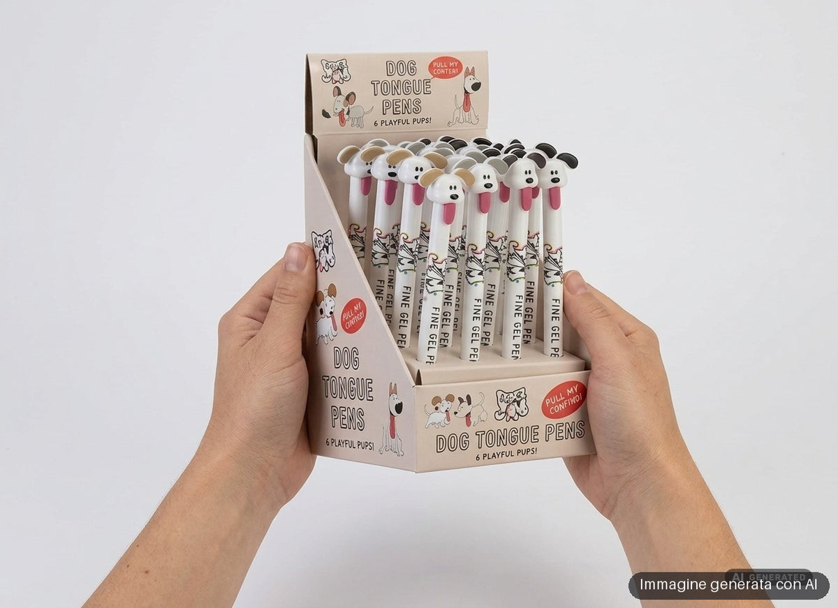 Quattro penne gel con testa di cane e lingua rossa, orecchie nere, marroni, grigie e beige.
