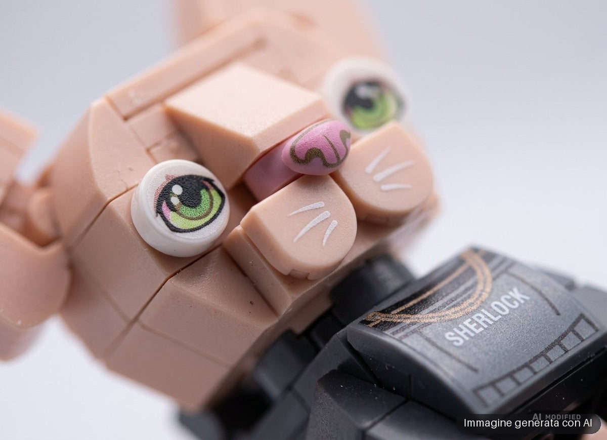 Quattro gattini da costruire con mattoncini: siamese, grigio, tigrato e sphynx, con accessori.