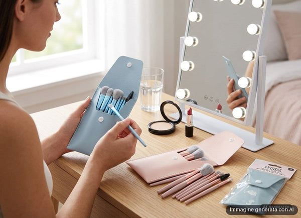 Set di otto pennelli da trucco con custodia a bottone, in tre varianti pastello rosa, azzurro e verde.