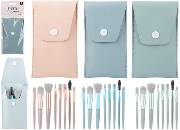 Set di otto pennelli da trucco con custodia a bottone, in tre varianti pastello rosa, azzurro e verde.
