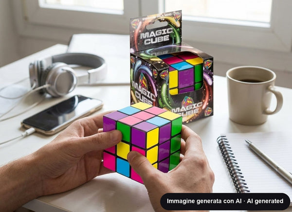 Cubo magico a sei colori accanto alla confezione nera con finestra trasparente