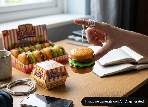 Yo-yo a forma di hamburger con panino, insalata e cordino bianco, accanto la scatolina da asporto