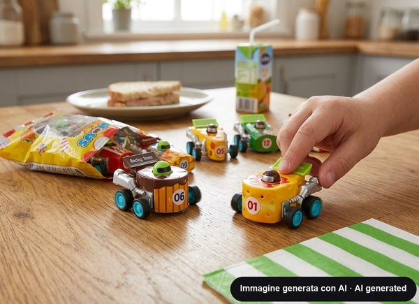 Macchinine a retrocarica decorate come cibo: ciambella, cupcake, hamburger, gelato, pizza, patatine e popcorn