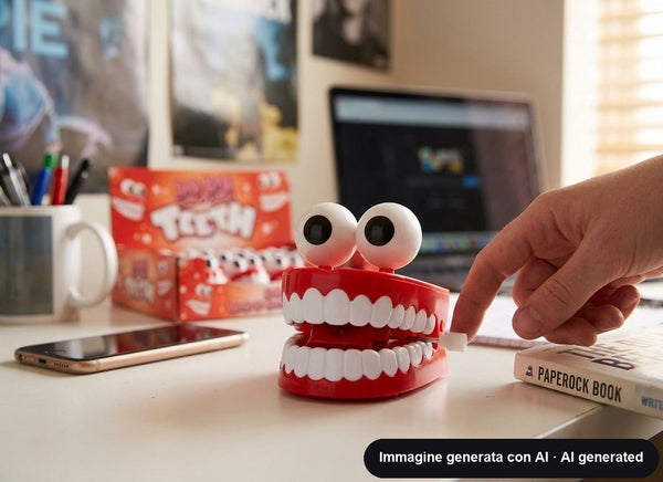 Dentiera giocattolo a carica rossa con denti bianchi e due grandi occhi mobili, accanto l'espositore