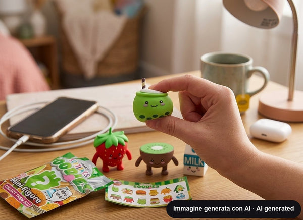 Mini figurine morbide a forma di cibo con faccine sorridenti: hamburger, kiwi, arancia, avocado, fragola, patatine