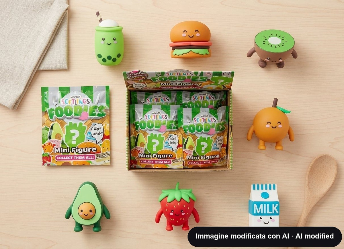 Mini figurine morbide a forma di cibo con faccine sorridenti: hamburger, kiwi, arancia, avocado, fragola, patatine