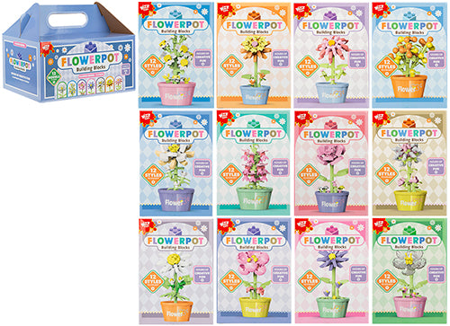 Dodici confezioni di micro mattoncini per costruire fiori colorati in vasetti pastello