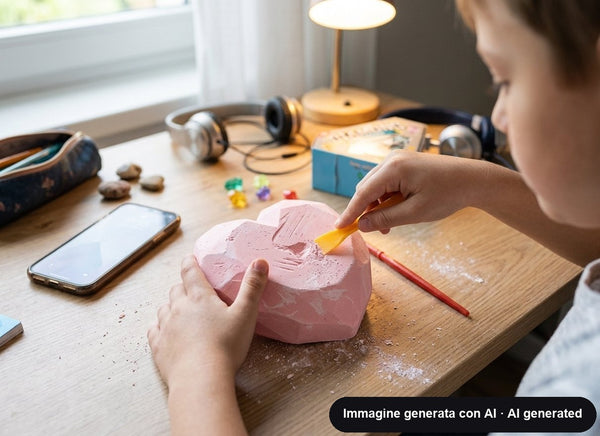 Blocco di gesso rosa a forma di cuore da scavare con pennello e scalpello, accanto la confezione azzurra con gemme