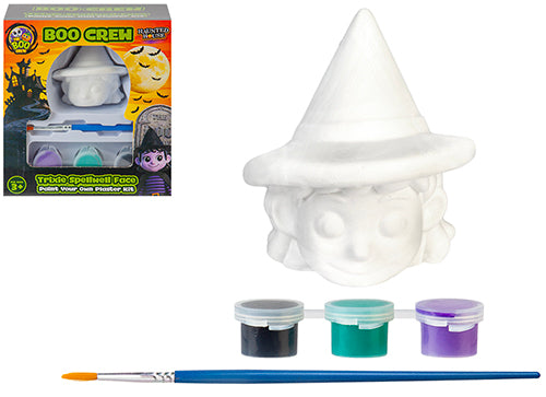 Kit creativo con volto di strega in gesso con cappello a punta da dipingere, tre colori e pennello
