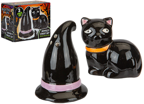 Set sale e pepe in ceramica: cappello da strega nero e gatto nero seduto con collarino arancione