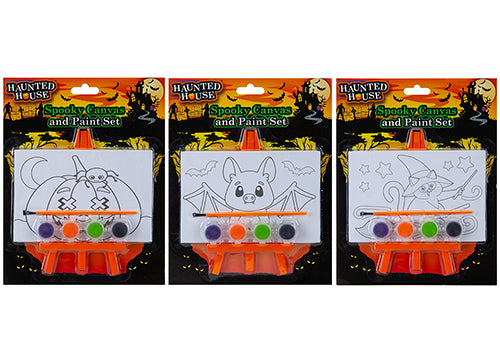 Tre set con tela da dipingere, cavalletto arancione, quattro colori e pennello; disegni di zucca, pipistrello e gatto